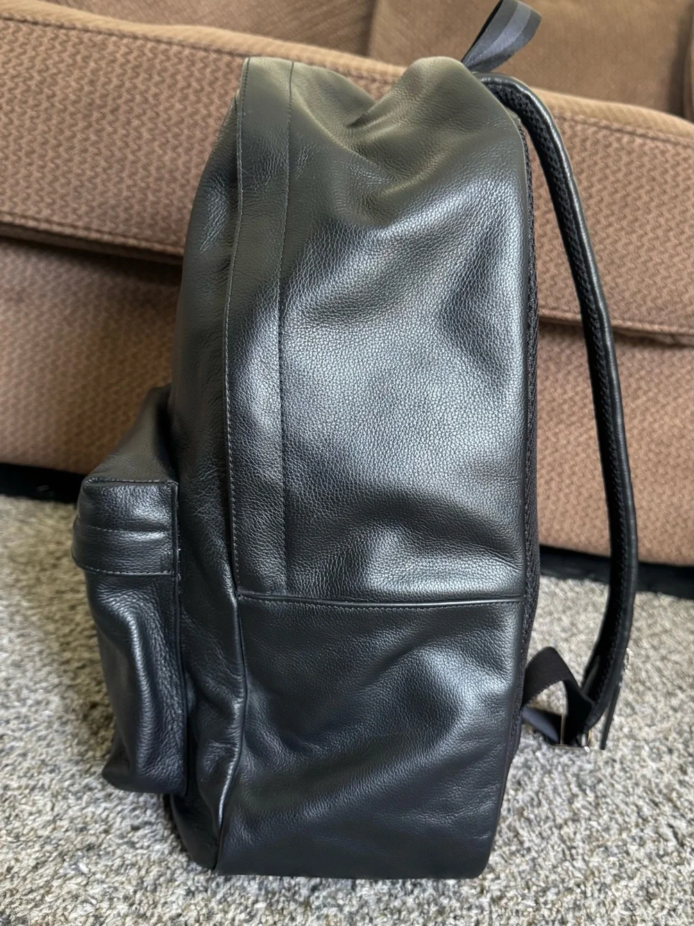 Coach Black Leather Backpack with Front Zip Pocket